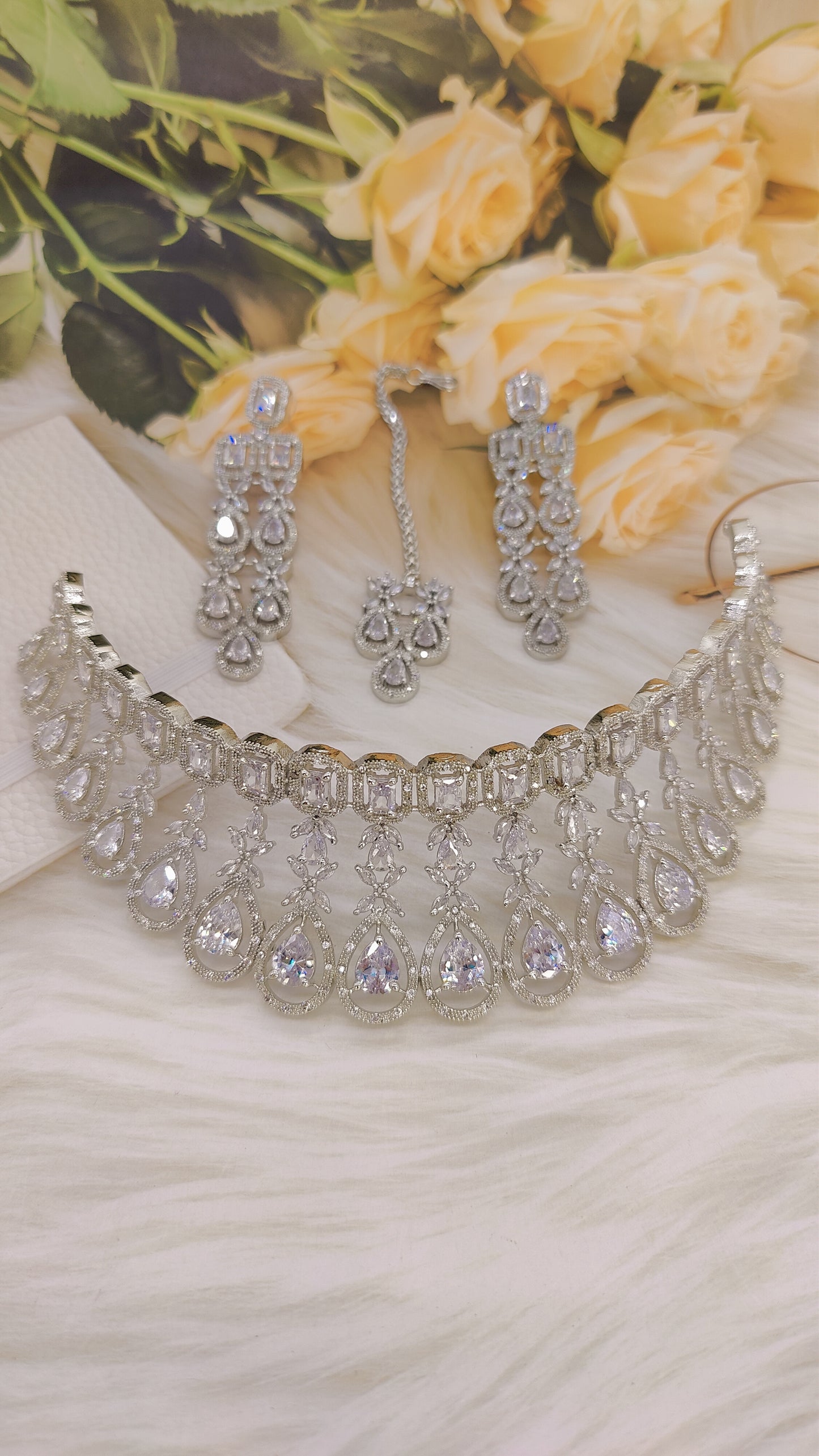 Glam CZ Choker Set: Dazzling Cubic Zirconia Necklace & Earrings