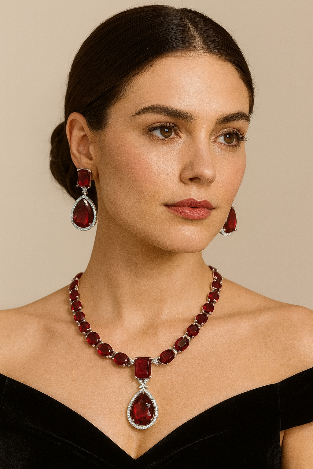 Ruby Red Necklace Set
Bold and captivating, this ruby red necklace set is designed with striking red stones surrounded by sparkling accents. Paired with matching earrings, it’s the ultimate choice for brides or anyone looking to make a statement.
