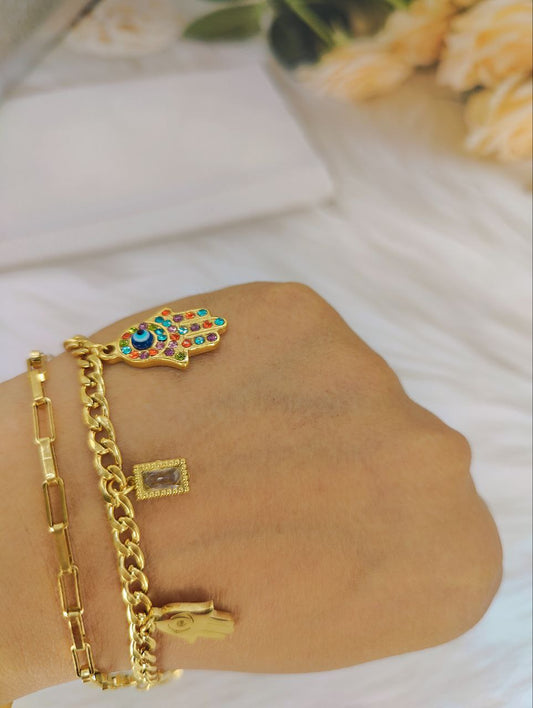 18K Gold Plated HAMSA Hand Double Chain Bracelet