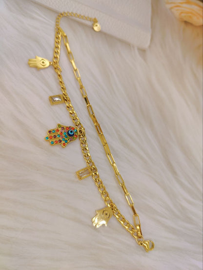 18K Gold Plated HAMSA Hand Double Chain Bracelet