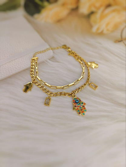 18K Gold Plated HAMSA Hand Double Chain Bracelet
